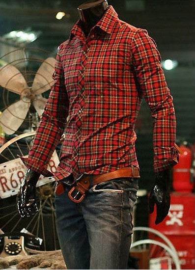 Plaid Pattern Slim Fit Long Sleeve Shirt