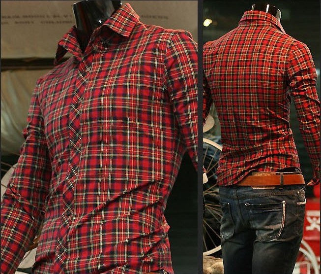 Plaid Pattern Slim Fit Long Sleeve Shirt